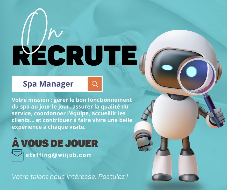 🚨[𝐎𝐩𝐩𝐨𝐫𝐭𝐮𝐧𝐢𝐭𝐞́ – 𝐃𝐚𝐤𝐚𝐫]

Spa Manager/Gestionnaire de Spa (H/F) – Prestation/CDD.

Sens du détail, goût du beau, rigueur dans l’action.
Un poste clé dans un spa haut de gamme, pour profil structuré et exigeant.

📩 Candidature ici : staffing@wiijob.com

#emploidkr