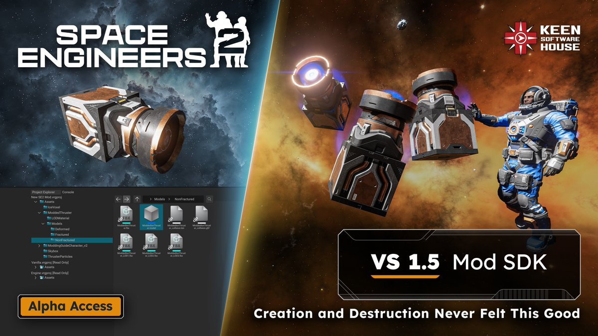 SpaceEngineersG's tweet image. Space Engineers 2 Alpha: VS 1.5 - Modding has been released! 🤩
⚙️ Accessible & Easy Modding
🏗️ VRAGE3 Mod HUB & Editor
🎨 Blender VRAGE Tools
🚨 No Restrictions by entity type!
🚀 ...and much, much more!
➡️ youtube.com/watch?v=2zuMYi…
Blog: 2.spaceengineersgame.com/space-engineer…
Full Changelog:…