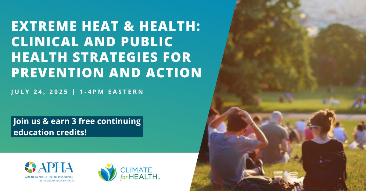 Join Climate for Health and <a href="/PublicHealth/">APHA</a> on July 24 for the “Extreme Heat &amp; Health: Clinical and Public Health Strategies for Prevention and Action” training. Learn how to lead on extreme heat prevention and solutions. Register: pathlms.com/health/courses… #ClimateChangesHealth