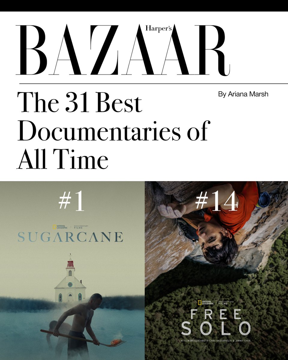 natgeodocs's tweet image. Two National Geographic Documentary Films are ranked among @harpersbazaarus's best documentaries of all time! You can stream #SugarcaneFilm and #FreeSolo now on @disneyplus and @hulu
