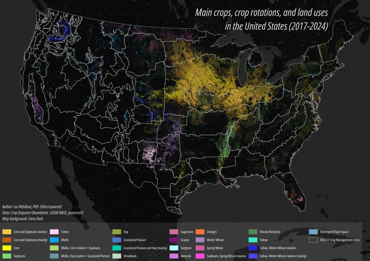 LucRSquared's tweet photo. A visualization of the Crop Sequence Boundaries dataset (2017-2024): Main crops, crop rotationsn and land uses. https://t.co/OhJeBxOyjn
#agriculture #python #qgis #gischat #GIS https://t.co/Vd2rm1QcWt