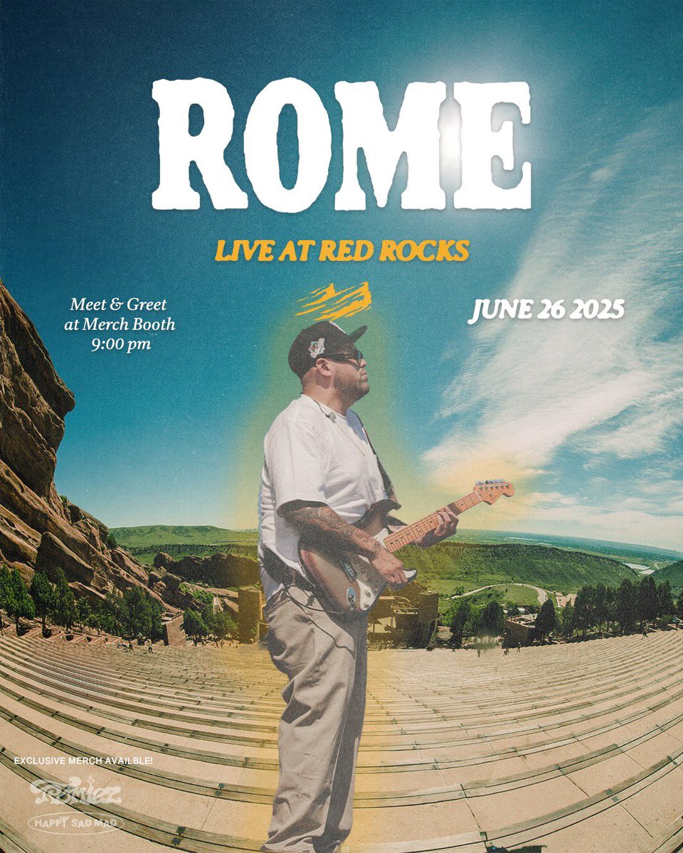 RomeRamirez's tweet photo. Red Rocks crew!
Catch me at the merch booth at 9PM after my set 🤙 I’ll be signing autographs, shaking hands , kissing babies (maybe), and vibing out with yall post show! 
Get something fresh and I’ll mark it with some love. First come, first served 💪🚨
#RomiezOnTheRocks #RomeLive #RedRocks