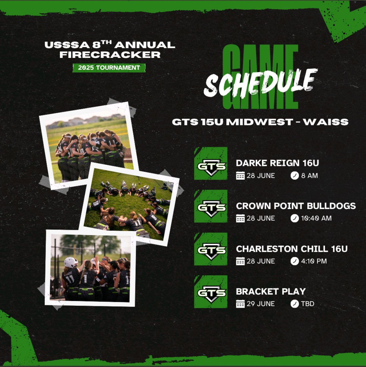 Heading down to Indiana this weekend for the USSSA 8th Annual Firecracker tournament. Come and watch to see the progress on the off season pay off. #1

<a href="/GTSBBSB/">GTS</a> <a href="/sjwaiss02/">Stephanie Waiss</a>