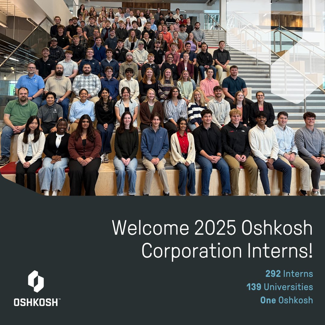 From our 18,000 team members across the globe to our 292 summer interns, Oshkosh is committed to leveraging technology, reimagining the future and engineering solutions to move the world forward. Welcome to Oshkosh, 2025 summer interns!