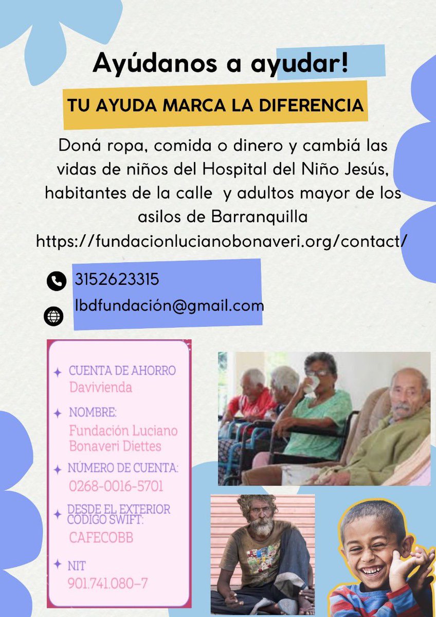 lbdfundacion's tweet photo. ¡DONA y ayuda a los más necesitados!
Nuestros hermano nos necesitan, Dios les multiplique.

PayPal: https://t.co/sDAagjA3VW

Cuenta de Ahorro Davivienda
Fundación Luciano Bonaveri Diettes
Nro: 0268-0016-5701
Desde el Exterior Código Swift: CAFECOBB
NIT: 901.741.080–7 https://t.co/swYxCjt2eh