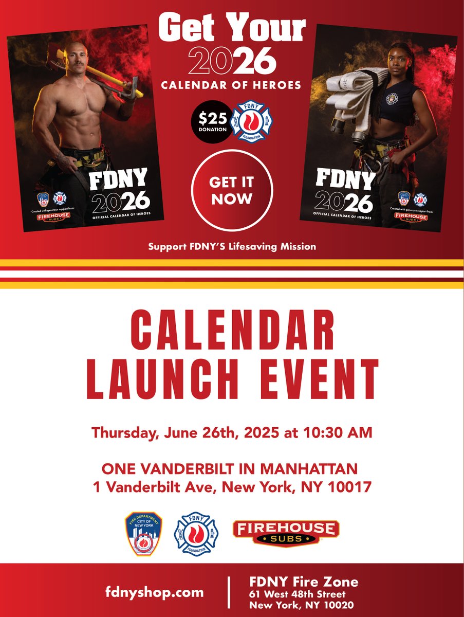 Join us for the official launch of the 2026 FDNY Calendar of Heroes!

📍 10:30AM Thursday, June 26, at One Vanderbilt in Manhattan
💰 $25 donation to the FDNY Foundation
🖊️ Meet the calendar participants &amp; get yours signed

Purchase online: FDNYShop.com. See you there!