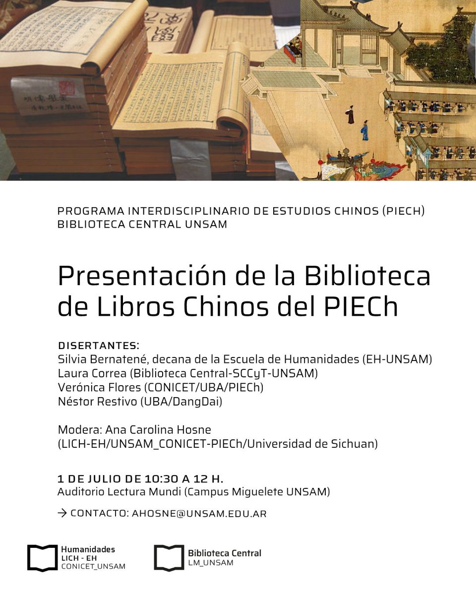 📣 El Programa Interdisciplinario de Estudios Chinos (PIECh) y la Biblioteca Central UNSAM invitan a la presentación de la Biblioteca de Libros Chinos del PIECh.

🗓 1 de julio 10:30 h.
📍 Auditorio Lectura Mundi (Campus Miguelete)

👉 Más información acá: noticias.unsam.edu.ar/2025/06/18/pre…