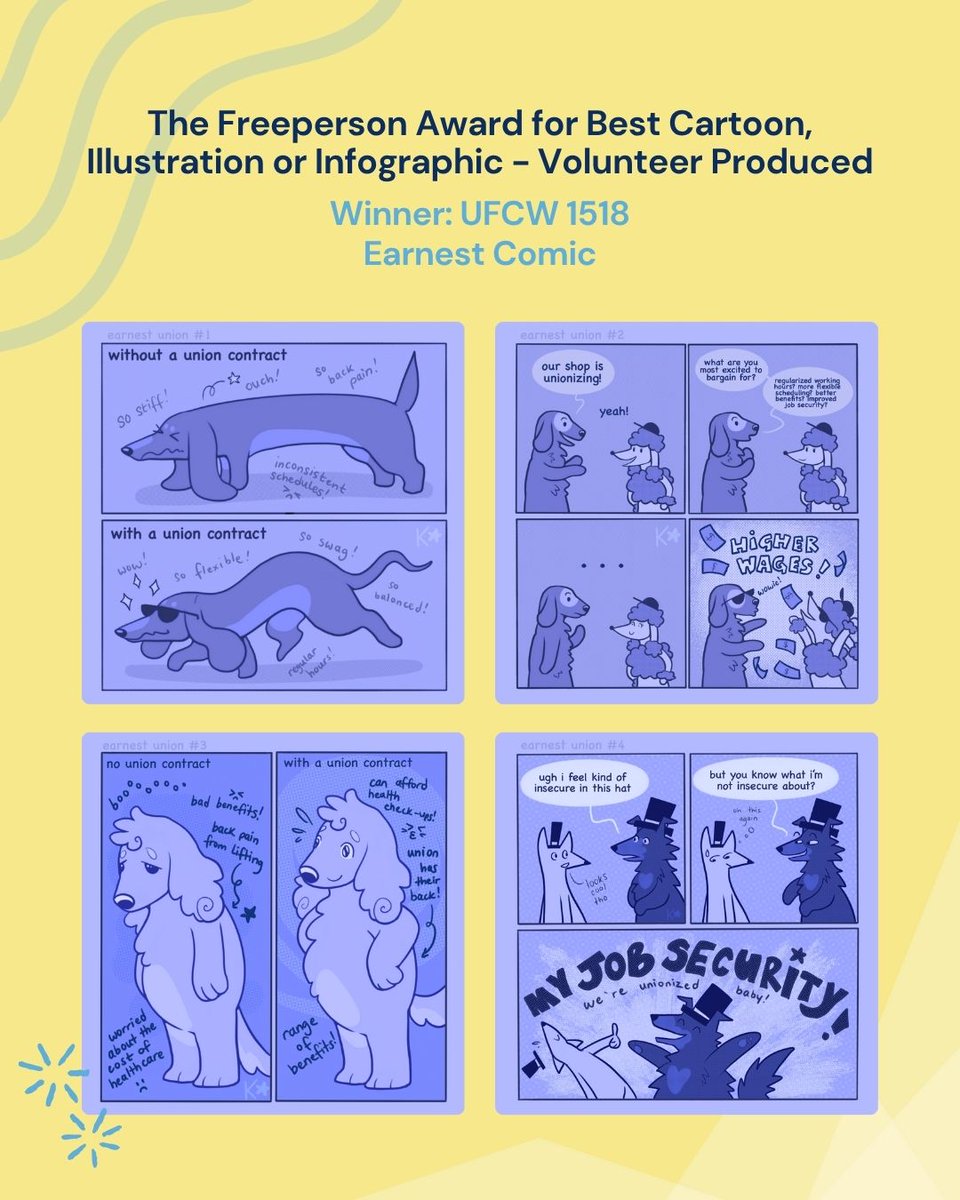 CanLabourMedia's tweet image. Congratulations to @ufcw_1518 for winning this year&apos;s Freeperson Award (Volunteer Produced). Their Earnest Comic impressed our judges with its stylistic drawings and witty humour!