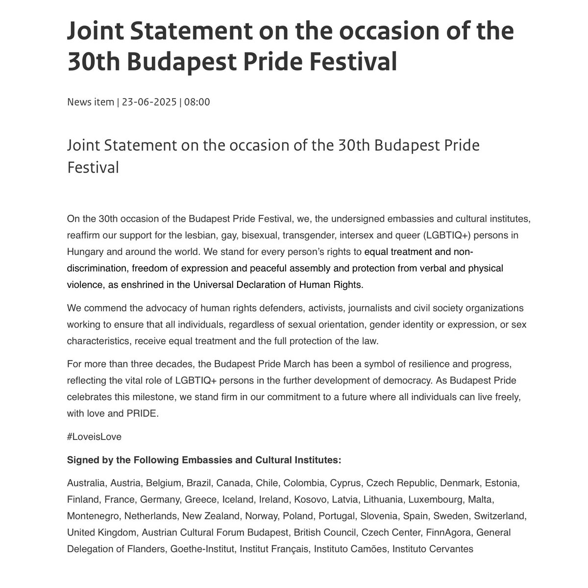 Ireland in Hungary (@irlembbudapest) on Twitter photo As <a href="/budapestpride/">Budapest Pride</a> marks its 30th birthday, our Embassy is proud to join 32 others in affirming our support for LGBTIQ+ persons in Hungary & in commending Pride as a “symbol of resilience and progress” here. ireland.ie/en/hungary/bud… As <a href="/budapestpride/">Budapest Pride</a> marks its 30th birthday, our Embassy is proud to join 32 others in affirming our support for LGBTIQ+ persons in Hungary & in commending Pride as a “symbol of resilience and progress” here. ireland.ie/en/hungary/bud…