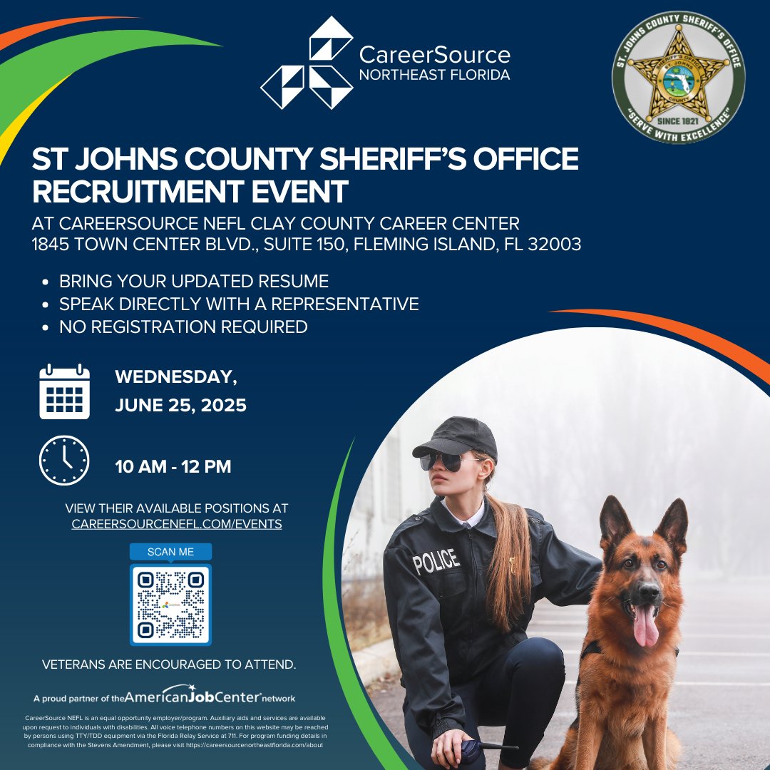 CareerSource NEFL (@careersourcenef) on Twitter photo Start your new career today!
Join us for the St Johns County Sheriff's Office Recruitment Event at CareerSource NEFL Clay County Career Center
Date: June 25, 2025
10:00 am - 12:00 pm
Check their list of open positions: qr.fm/zTp5Ln
@jaxjobs <a href="/CityofJax/">City of Jacksonville</a> <a href="/FL_Corrections/">Florida Department of Corrections</a> Start your new career today!
Join us for the St Johns County Sheriff's Office Recruitment Event at CareerSource NEFL Clay County Career Center
Date: June 25, 2025
10:00 am - 12:00 pm
Check their list of open positions: qr.fm/zTp5Ln
@jaxjobs <a href="/CityofJax/">City of Jacksonville</a> <a href="/FL_Corrections/">Florida Department of Corrections</a>