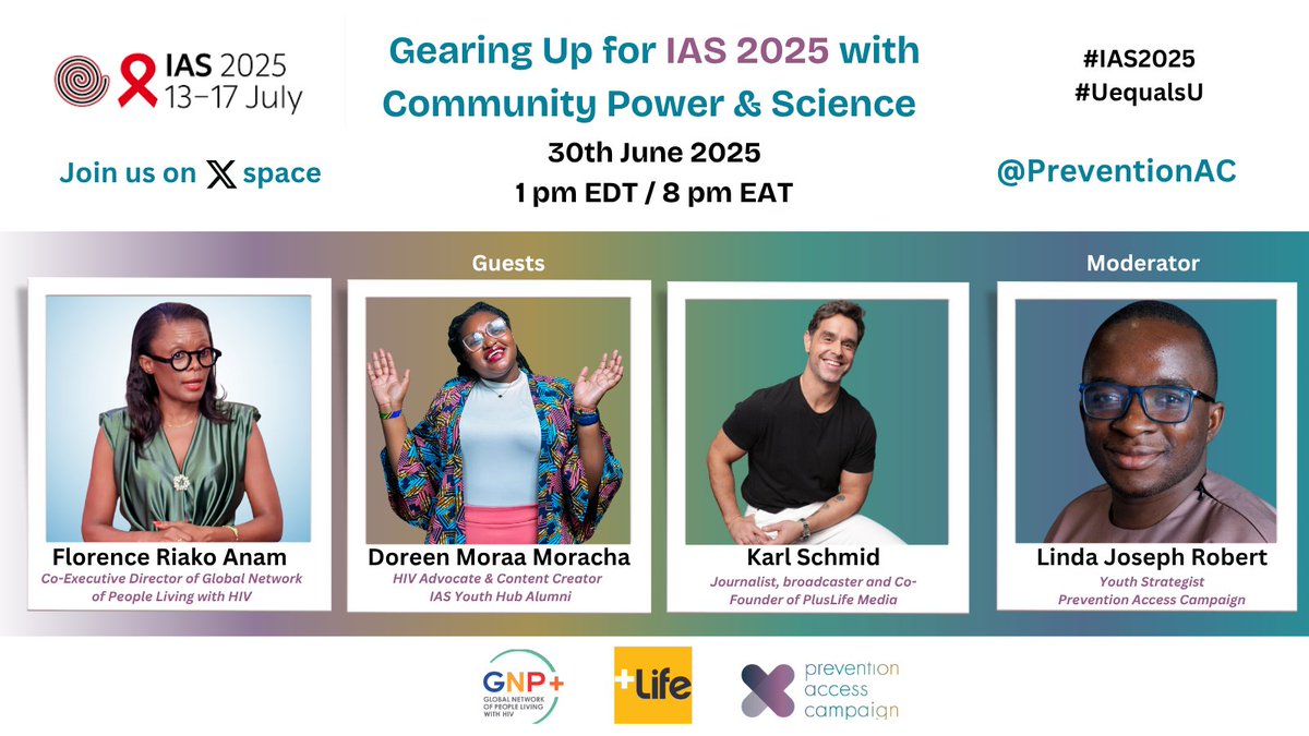 Prevention Access (@preventionac) on Twitter photo 📢Join us next week for a live discussion with <a href="/floriako/">Florence Riako Anam</a> <a href="/D_Moraa/">Doreen🌎✈️</a> Karl Schmid <a href="/LindaJosephRob4/">Joseph Robert Linda</a> about their thoughts on the upcoming #IAS2025 in Kigali in just a few weeks!
🚨Set a reminder: x.com/i/spaces/1nAKE… 📢Join us next week for a live discussion with <a href="/floriako/">Florence Riako Anam</a> <a href="/D_Moraa/">Doreen🌎✈️</a> Karl Schmid <a href="/LindaJosephRob4/">Joseph Robert Linda</a> about their thoughts on the upcoming #IAS2025 in Kigali in just a few weeks!
🚨Set a reminder: x.com/i/spaces/1nAKE…
