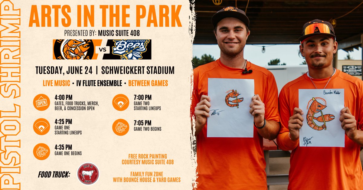 Tonight at Schweickert Stadium ➡️ Arts in the Park presented by Music Suite 408!

🏟️ Gates Open 4:00
⚾️ Game One 4:35
⚾️ Game Two 7:05

🎨 Rock Painting
🎯 Family Fun Zone
🎶 IV Flute Ensemble

🍖 Big B BBQ

#FearTheClaw | More Info ⬇️
pistolshrimpbaseball.com/x/y3zyo