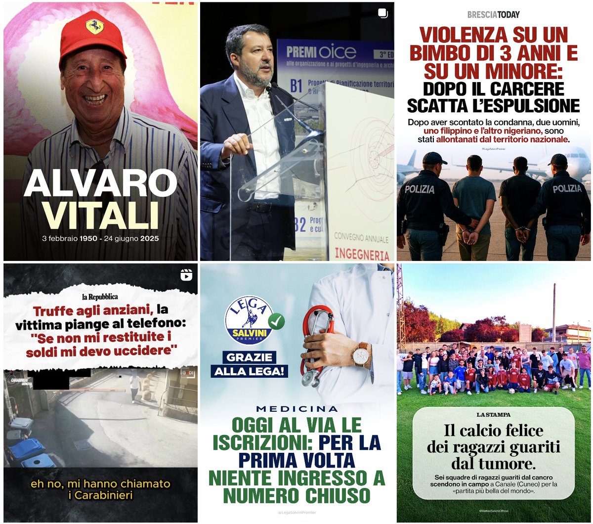 Gli ultimi sei post di Salvini su Instagram, da quando quasi tre giorni fa Trump ha fatto bombardare l’Iran. In effetti, un evento che un post non se lo meritava.