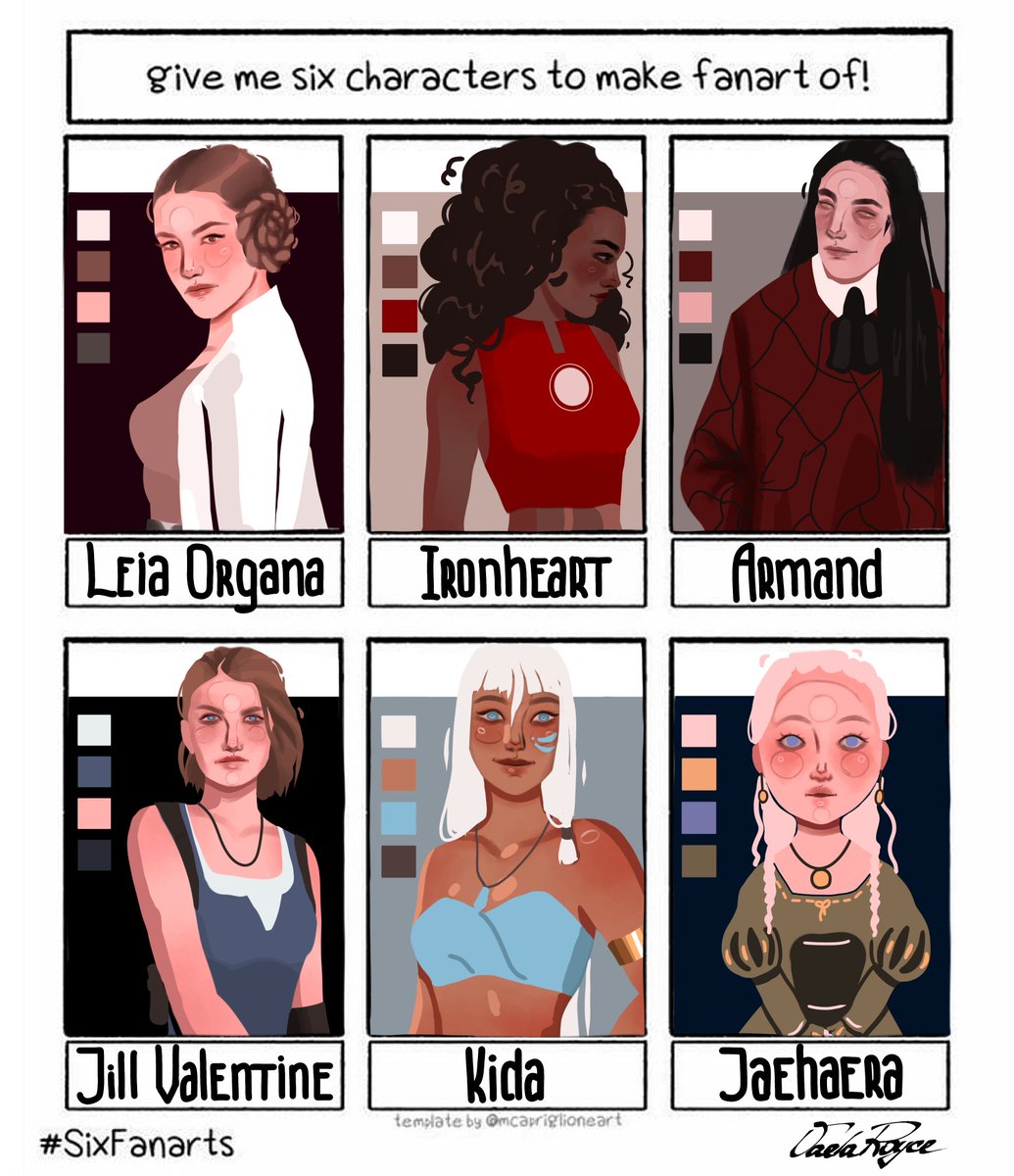 VaelaRoyce's tweet image. Finished!

I asked my followers on IG to give me six characters and here we are. 

#sixfanarts #leiaorgana #starwars #ironheart #marvel #armand #interviewwithavampire #jillvalentine #residentevil #kida #atlantisthelostempire #jaehaeratargaryen #houseofthedragon #vaelaroyce