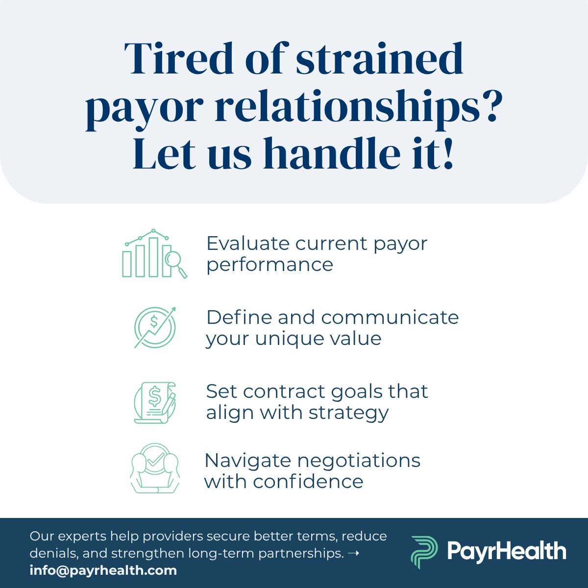 🚨 Tired of strained payor relationships?

Delayed authorizations &amp; denied claims don’t have to be the norm.

At PayrHealth, we help providers:
✅ Evaluate payor performance
✅ Set contract goals
✅ Negotiate with confidence

🔗 Learn more: lnkd.in/gpU9RCV6