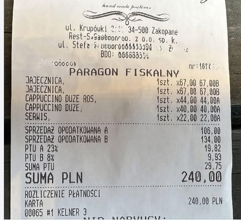 KrakowZPB's tweet photo. Żeby liczyć jeszcze za serwis przy tej cenie jajecznicy to trzeba być górolem, hej!
#zakopane #tatry #górale #cepry #paragon #paragongrozy #krupówki #jajecznica https://t.co/sxohsWqDmq