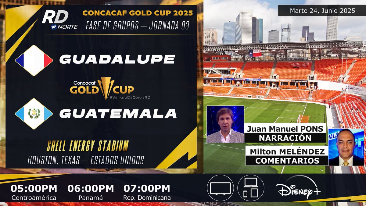 DeportivaCR's tweet photo. 🇫🇷 @LGF971 v @fedefut_oficial 🇬🇹
🎙️ #BambinoPons @Miltonmelendezu 
⏰05:00pm C.A.  06:00pm PAN

📺💻 @disneyplusla Premium (C.A.)
🇨🇷 #VeranoDeCopasRD #VeranoFutbolero #CopaOroxESPN #GoldCup #GLPvsGUA 
🏆 @GoldCup 2025 | Fase de Grupos - Fecha 03 https://t.co/uTxIe1FBNu