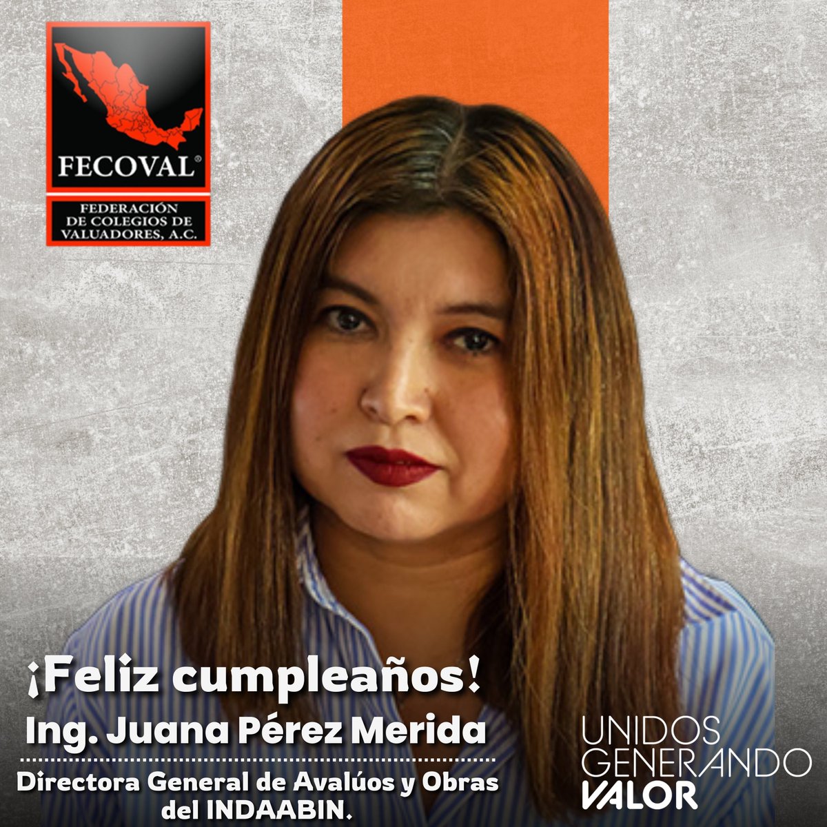 FECOVAL_AC's tweet photo. Feliz cumpleaños, Ing. Juana Pérez Mérida
A nombre del Consejo Directivo de la Federación de Colegios de Valuadores A.C., enviamos una cordial felicitación a la Ing. Juana Pérez Mérida, Directora General de Avalúos y Obras del INDAABIN.
¡Muchas felicidades!
#FECOVAL #INDAABIN https://t.co/UfX8z6NbaZ