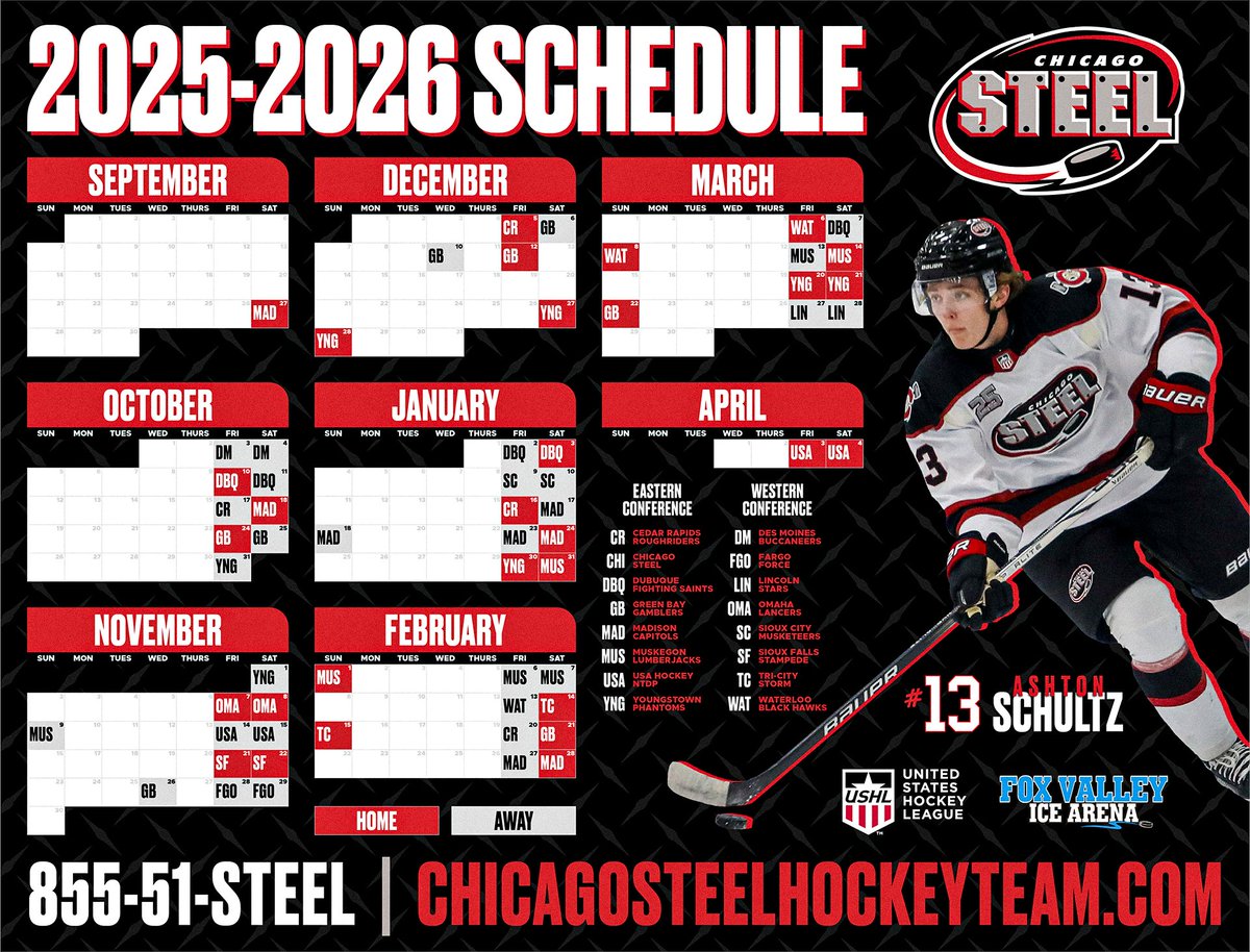 ChicagoSteel's tweet image. Start filling in your calendars... the 2025-2026 schedule is here!
📰➡ t.ly/FWqXM
#FeelSteel #USHL