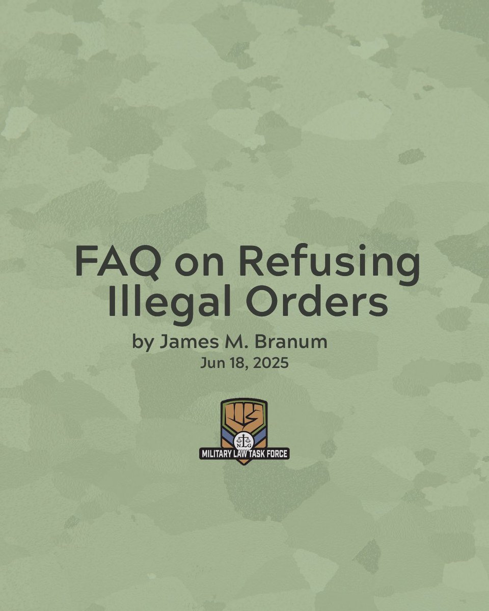 🧵 This FAQ On Refusing Illegal Orders was drafted by the MLTF and can also be found in printable PDF format here at: 

nlgmltf.org/wp-content/upl…

REMINDER: DoD Instruction 1325.06 permits a service-member to possess a single copy of this document.

#KnowYourRights #RightToRefuse