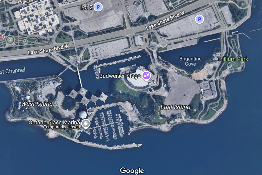 Just so we're clear:  Trillium Park is already there, and Budweiser Stage is already there, and even the marina is already there (but needing repairs). The big announcement is a parking garage on top of the existing parking lot and an Austrian spa on top of the West Island.