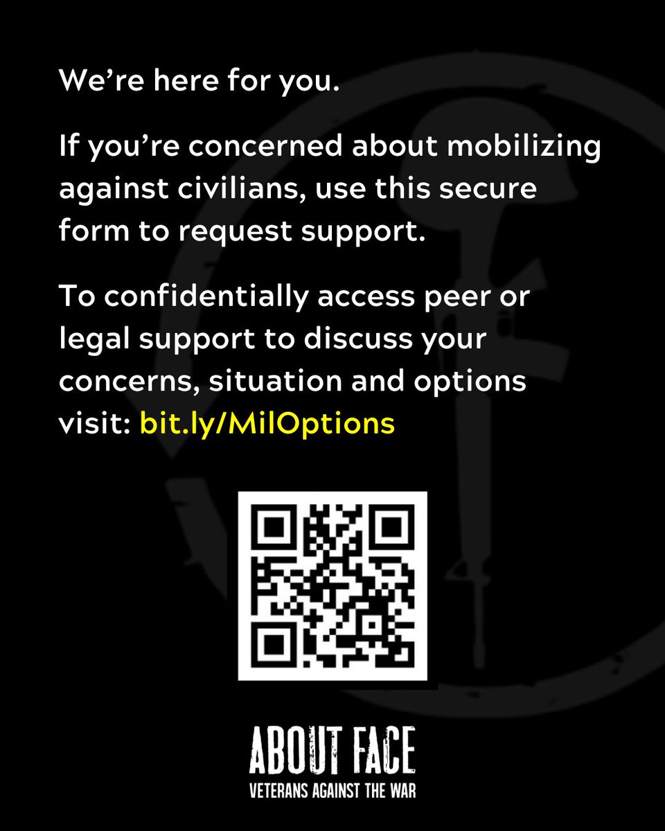 VetsAboutFace's tweet photo. If you’re concerned about mobilizing against civilians, use this secure form to request support. 

https://t.co/LdIAFMbTCq

#KYR #RightToRefuse #Military https://t.co/ZmVwcAq71A