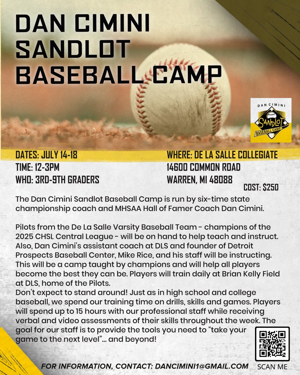 DLSPilots's tweet image. The Dan Cimini Sandlot Baseball Camp will be held July 14-18. Players will spend up to 15 hours with his professional staff receiving verbal and video assessments of their skills throughout the week. Sign up now!
Scan the QR code or visit: tinyurl.com/Sandlot25