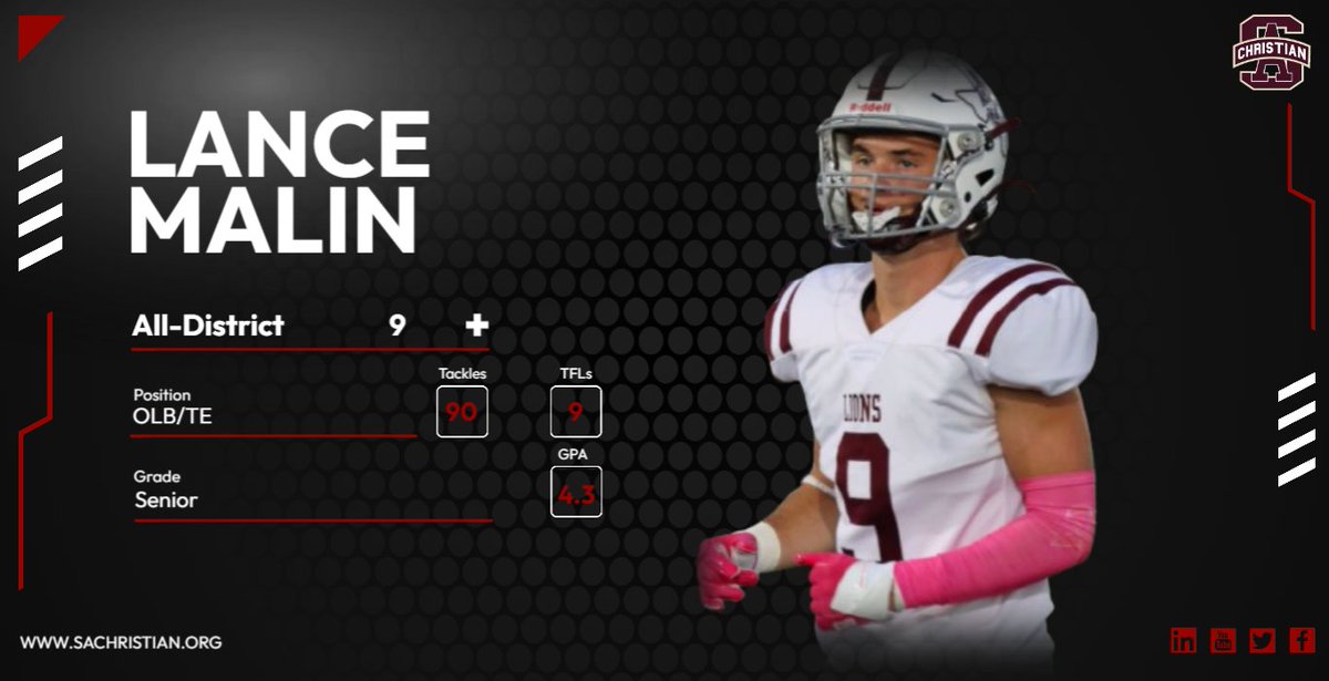 SACS Football (@sacsfootball) on Twitter photo Senior Spotlight - Senior OLB/TE Lance Malin Senior Spotlight - Senior OLB/TE Lance Malin