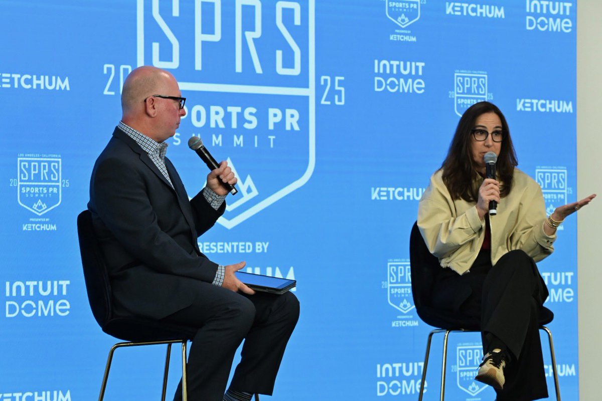 Gillian Zucker, <a href="/LAClippers/">LA Clippers</a> President on stage with Brian Berger <a href="/SBRadio/">SportsBusinessRadio</a> Host to kick off the day at the 2025 <a href="/SportsPRSummit/">SportsPRSummit</a> <a href="/IntuitDome/">Intuit Dome</a>. #SportsPRSummit