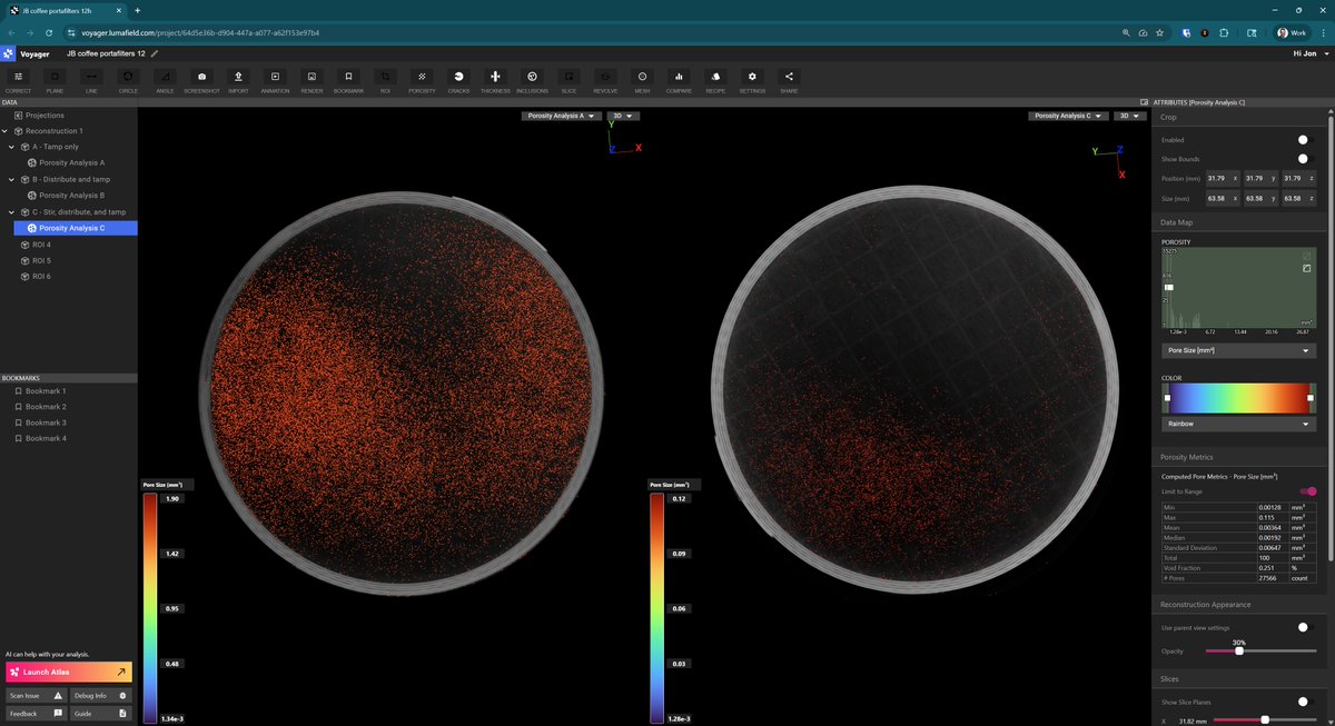 This occurred to us! We CT scanned an espresso puck that was just tamped without distribution (left) and one that was prepared with WDT (right). The red dots are microscopic voids in the pucks. The non-distributed puck is about 2% void by volume, and the WDT puck is 0.25% void.