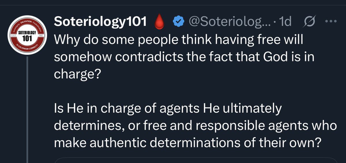 CCalvinism's tweet image. We think it’s a contradiction because it is. To have LFW means that God is NOT “in charge” of your will.
God -IS- in charge of every aspect of agents he creates, including their will. To “Determine” the aspects of something is literally what it means to be “in charge” of it.