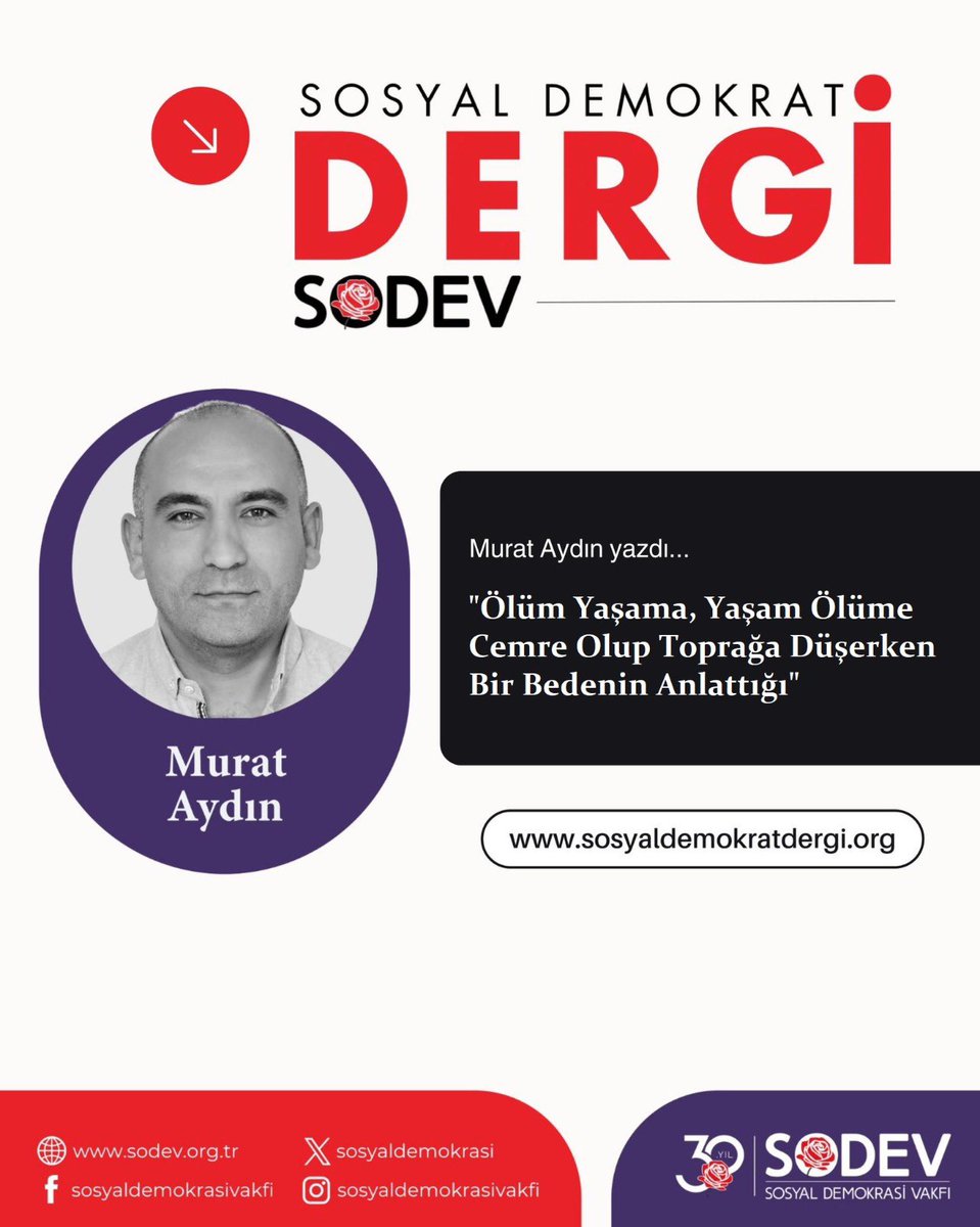 SOSYAL DEMOKRAT DERGİ DİJİTALDE!
Murat Aydın yazdı: "Ölüm Yaşama, Yaşam Ölüme Cemre Olup Toprağa Düşerken Bir Bedenin Anlattığı”
Yazı linki 👇
sosyaldemokratdergi.org/olum-yasama-ya…