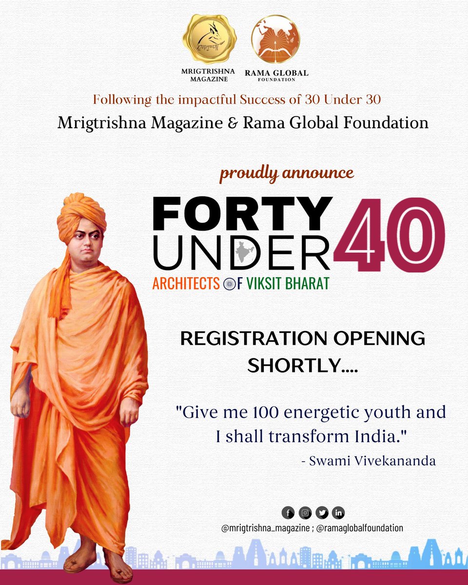 MrigtrishnaMag's tweet photo. "Empowering the future, honoring the present - Forty Under 40 : Architects of Viksit Bharat Registration opening shortly.... !
Celebrating the passion, innovation, and leadership of young changemakers shaping a developed India.

https://t.co/Rb3ZLXbKCG https://t.co/NxZYdYQne0