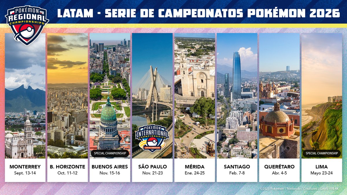 karma_beam's tweet image. Con el anuncio de la Serie de Campeonatos de Pokémon para la temporada 2026, estas son las 8 fechas y ciudades que se han publicado en LATAM.
*Aún faltan por anunciarse 2 fechas para Brasil, de mano de nuestros amigos @Crane_pkm 🗓️
*Los organizadores de esta temporada son…