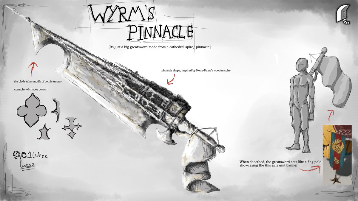 01Iubee's tweet photo. Wyrms Pinnacle, another weapon entry. inspired by Gothic Architecture. 
pen name: iubee
#WeaponEntry #MHWilds https://t.co/BQpOAqY5zG