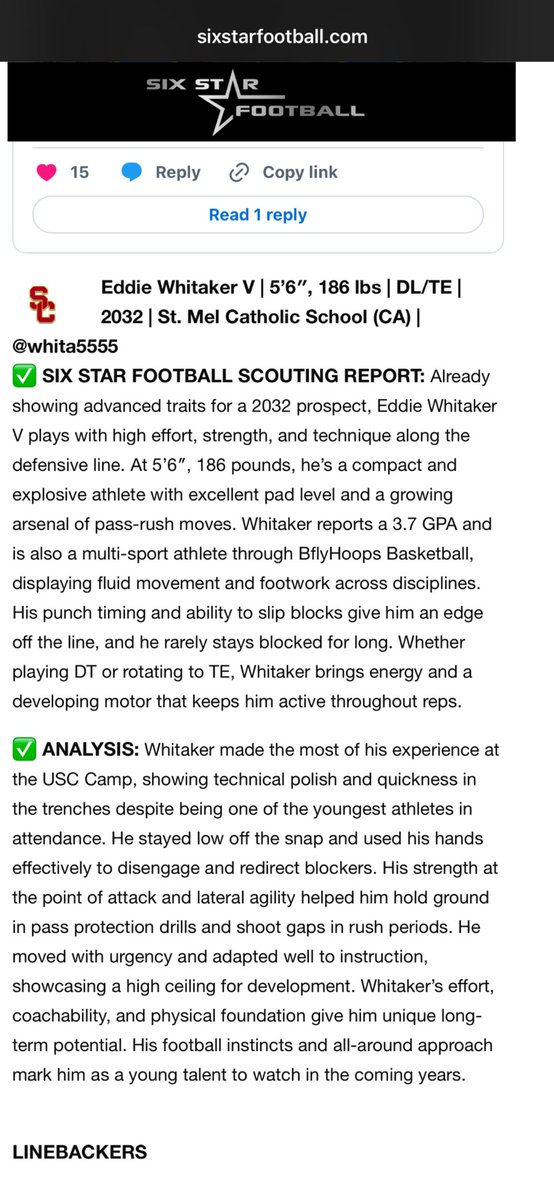 whita5555's tweet photo. Thank you @sixstarfootball for the write up at @uscfb camp! I will keep working hard 🙏🏽

@almostbdub @dgil333 
@LincolnRiley @Coach_Henny 
@CoachChadSavage @DaGman7 https://t.co/IdQyVwvZYK