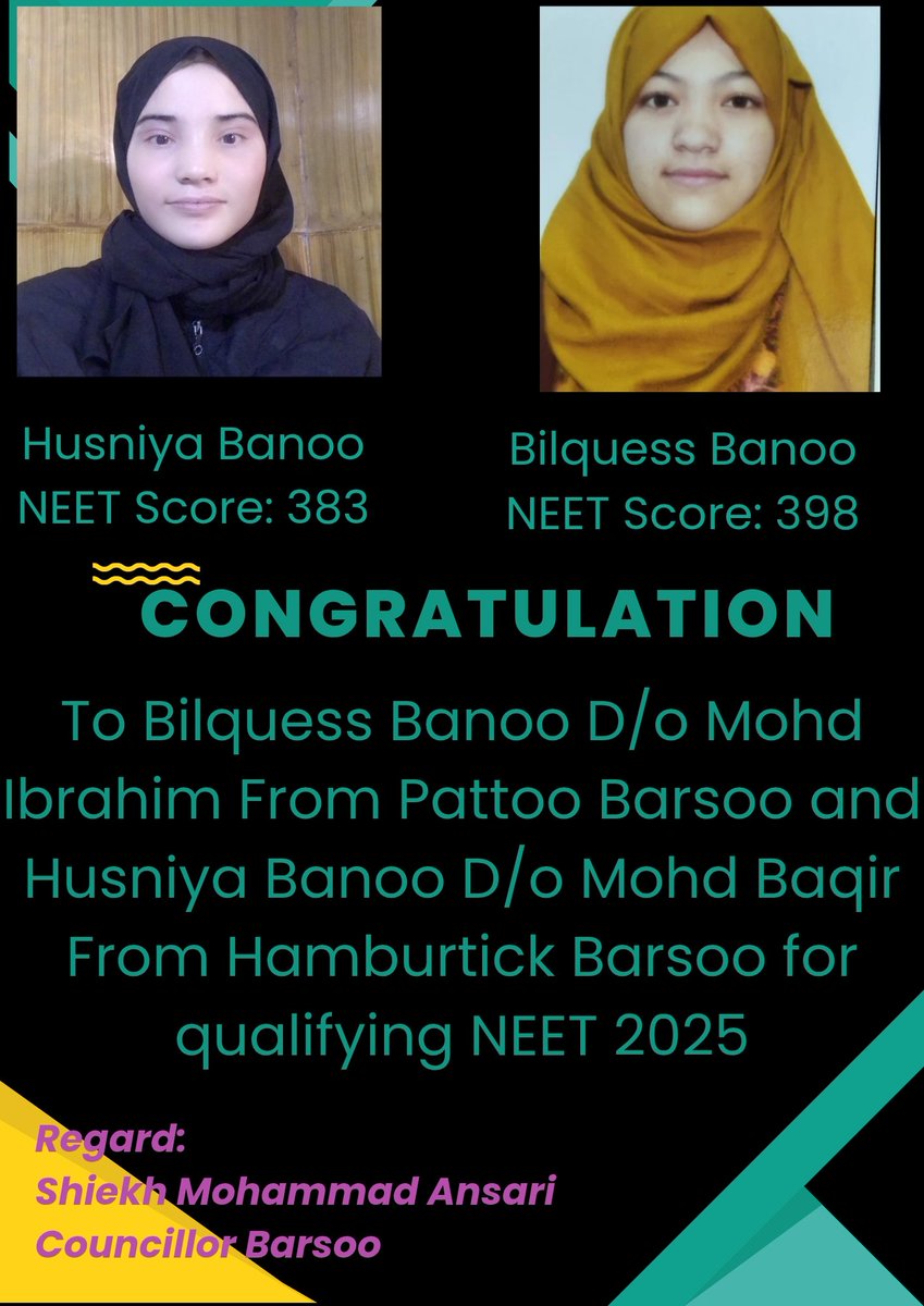 _MohdAnsari's tweet photo. Dear Bilquess and Husniya,  
Your hard work, dedication, and perseverance have paid off brilliantly. Qualifying NEET is a remarkable achievement that opens the doors to a noble and rewarding career in medicine. https://t.co/EzZQBNA3Zt