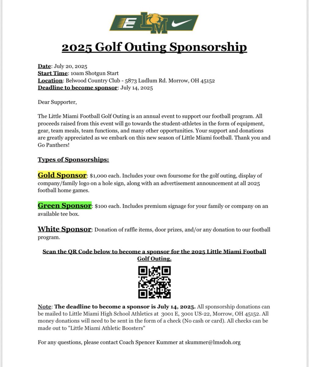 Spencer Kummer (@coachkummer) on Twitter photo It’s time for the 2025 <a href="/LittleMiamiFB/">Little Miami Football</a> Golf Outing on July 20th at Belwood Country Club! Reserve your foursome today! Sponsors are greatly appreciated! #GoPanthers It’s time for the 2025 <a href="/LittleMiamiFB/">Little Miami Football</a> Golf Outing on July 20th at Belwood Country Club! Reserve your foursome today! Sponsors are greatly appreciated! #GoPanthers
