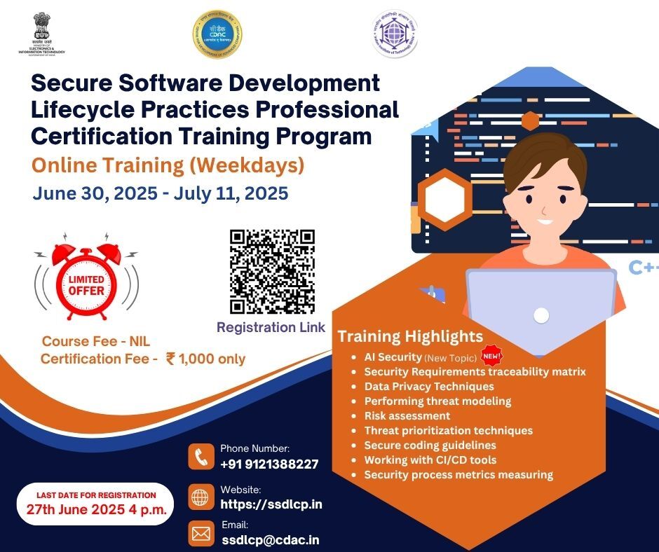 InfoSecAwa's tweet image. Boost your cyber skills in 10 days! 🔐
Free training, just ₹1000 for certification. Limited seats!
👉 bit.ly/securetrain25
#CyberSecurity #SecureCoding #DevSecOps #AITraining #CDAC #DigitalIndia #FreeTraining
