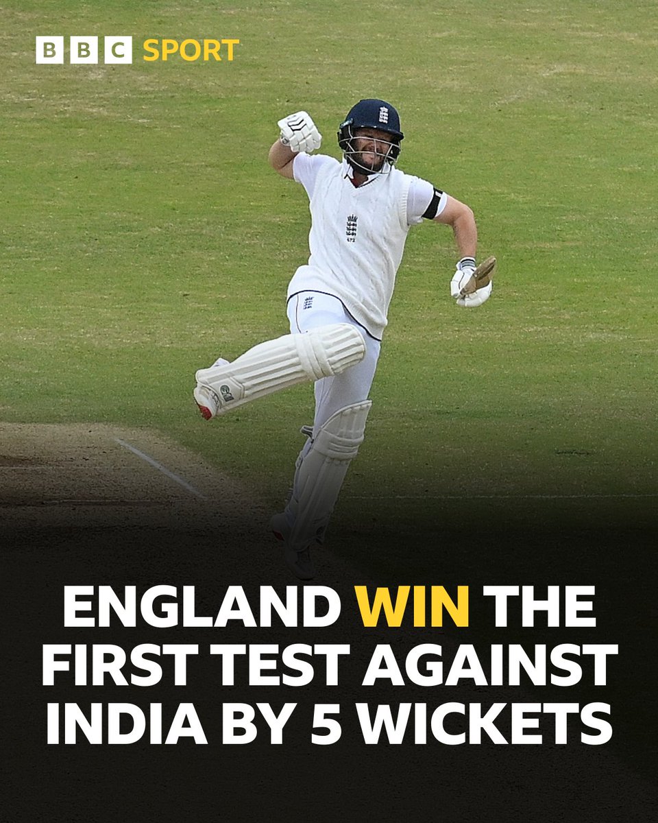 bbctms's tweet photo. England chase down 371 to win the first Test match! 

What a run chase. What a Test match.

#ENGvIND #BBCCricket https://t.co/cpGMAqKiIN