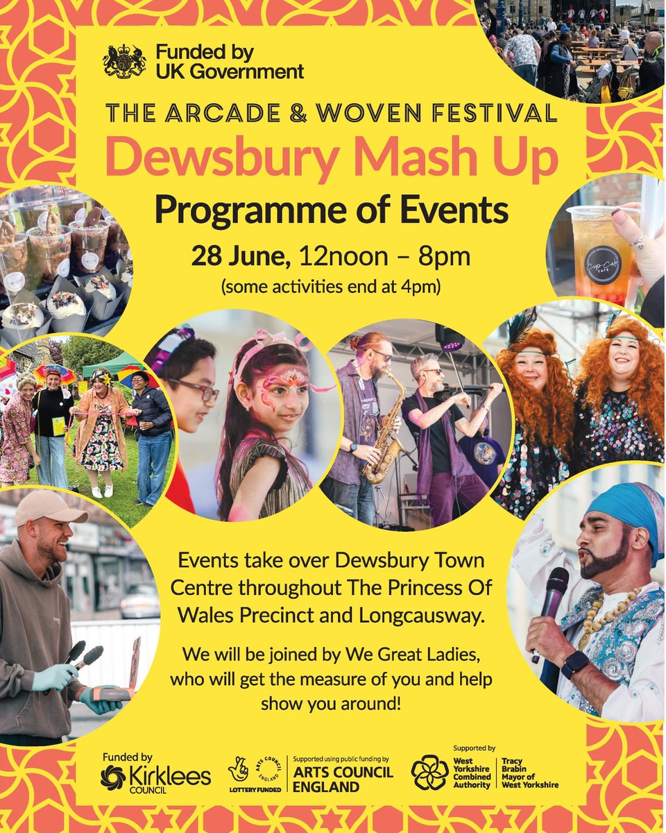 WovenInKirklees's tweet image. This Saturday, 28 June, it's time for a MASH UP!
Join us, The Arcade Dewsbury and the annual Arcade World Food Fesival for:
Check out the full programme of events taking place from 12 - 8pm, free to attend, drop by and celebrate with us!