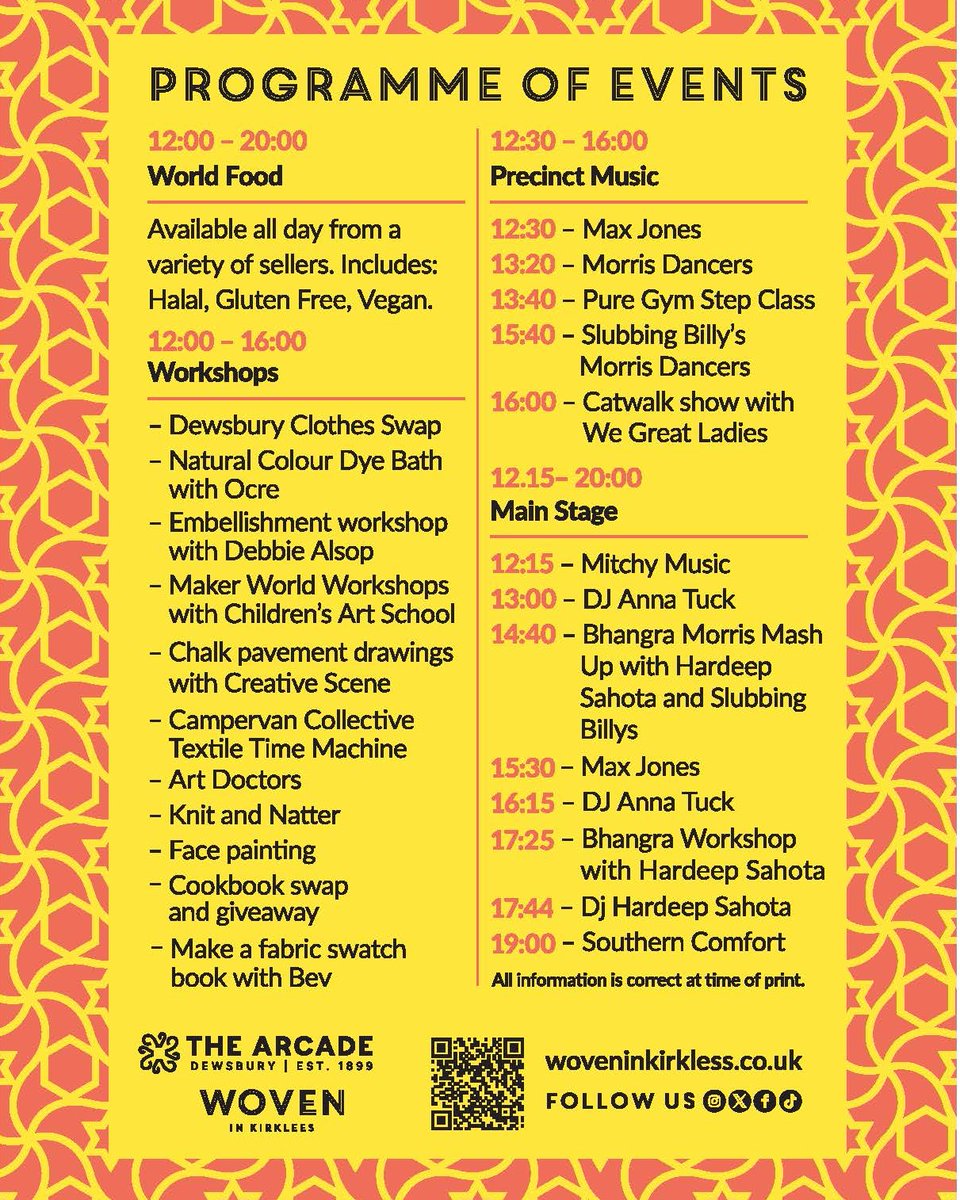 WovenInKirklees's tweet image. This Saturday, 28 June, it's time for a MASH UP!
Join us, The Arcade Dewsbury and the annual Arcade World Food Fesival for:
Check out the full programme of events taking place from 12 - 8pm, free to attend, drop by and celebrate with us!