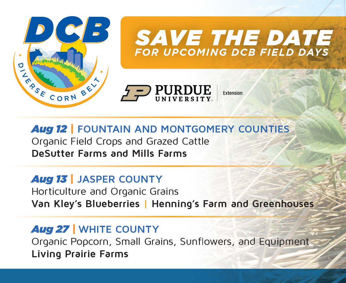 We have linked up with <a href="/diversecornbelt/">DiverseCornBelt</a> to offer three field tour opportunities in August to showcase what diverse agriculture looks like right here in Indiana. Save the Dates - registration information coming soon!
