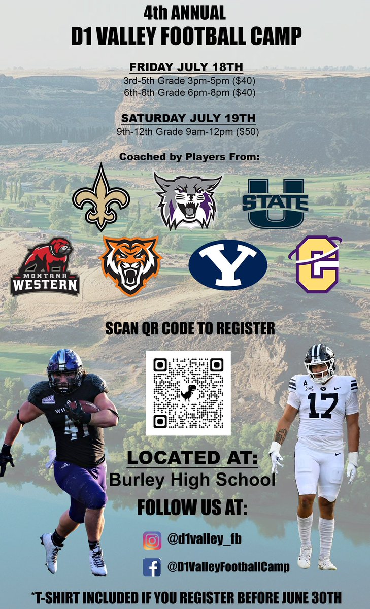 Idaho Footballers — Register today for the 4th annual D1 Valley Football Camp! 

@ Burley High School 
July 18th - Grades 3-8
July 19th - Grades 9-12

Hands-on work with college &amp; pro athletes.

Great chance to compete, learn, and get better.

🔗Register: d1valleyfootballcamp-waiver.webflow.io/register