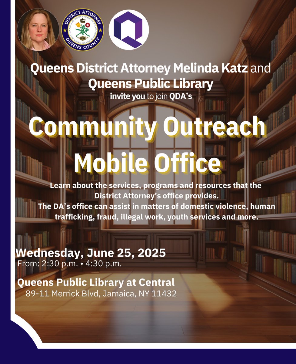 Queens DA Katz (@queensdakatz) on Twitter photo Tomorrow, between 2:30 and 4:30 p.m., meet members of our Community Partnerships Division at <a href="/QPLNYC/">Queens Public Library</a> at Central on Merrick Blvd.
Escape the heat and learn about the many programs and resources we offer. Tomorrow, between 2:30 and 4:30 p.m., meet members of our Community Partnerships Division at <a href="/QPLNYC/">Queens Public Library</a> at Central on Merrick Blvd.
Escape the heat and learn about the many programs and resources we offer.