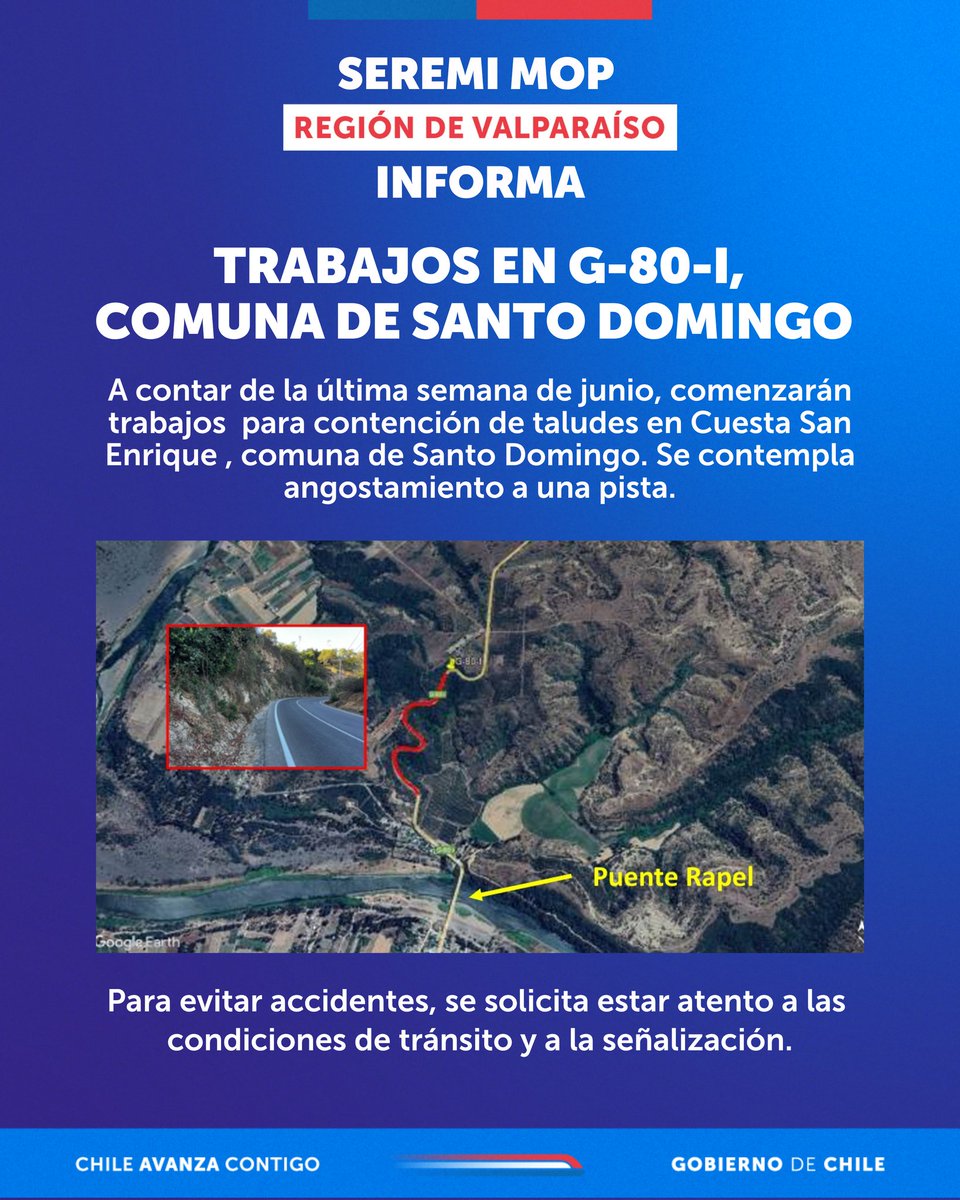 🚧 #MOPinforma | Desde la última semana de junio iniciamos trabajos de contención de taludes en Cuesta San Enrique, Ruta G-80-I, comuna de Santo Domingo ⚠️ Habrá angostamiento a una pista🔸 Atención a señalización y tránsito.
#SanAntonio #ObrasMOP #SeguridadVial