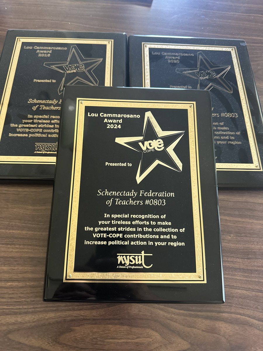 The SFT is proud to be recognized by <a href="/nysut/">NYSUT</a> with the Lou Cammarosano Award, for the greatest strides in the collection of VoteCope donations, for the third time in the last 8 years!
Thank you to all our members who assisted in our last drive and all those who donate!!