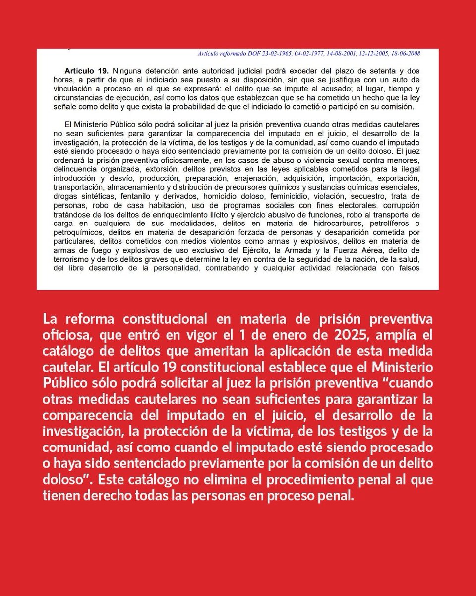 InfodemiaMx (@infodemiamex) on Twitter photo ❌Falso que la reforma en materia de #PrisiónPreventivaOficiosa permitirá al <a href="/GobiernoMX/">Gobierno de México</a> “meter a la cárcel a quien se le dé la gana”
✅La reforma constitucional en materia de prisión preventiva oficiosa, que entró en vigor el 1 de enero de 2025, amplía el catálogo de delitos ❌Falso que la reforma en materia de #PrisiónPreventivaOficiosa permitirá al <a href="/GobiernoMX/">Gobierno de México</a> “meter a la cárcel a quien se le dé la gana”
✅La reforma constitucional en materia de prisión preventiva oficiosa, que entró en vigor el 1 de enero de 2025, amplía el catálogo de delitos
