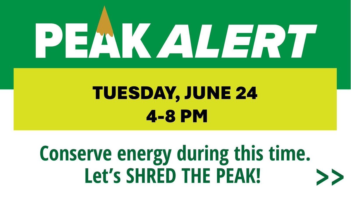 readinglight's tweet image. Peak Alert ****TUESDAY, JUNE 24, 4-8PM ****
A potential energy peak has been identified for today! Visit buff.ly/7JoCnEz for ways to help reduce load and keep rates affordable.