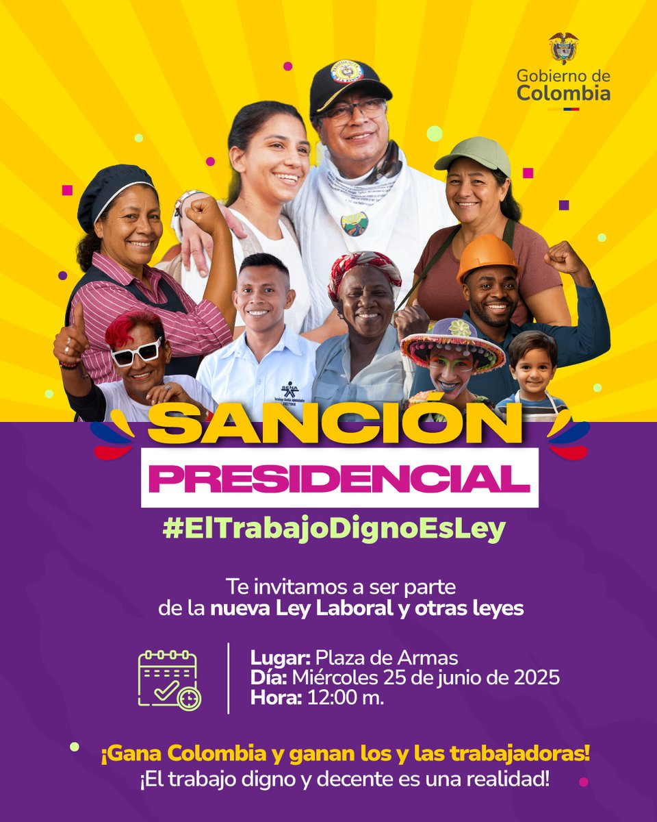 #ElTrabajoDignoEsLey 🔴 mañana, el presidente @PetroGustavo sancionará la #ReformaLaboral. Inicia la materialización de una ley que devuelve derechos al pueblo trabajador.
🕛 Te esperamos a las 12:00 M. en la Plaza de Armas.
📩 Inscríbete: docs.google.com/forms/d/e/1FAI…